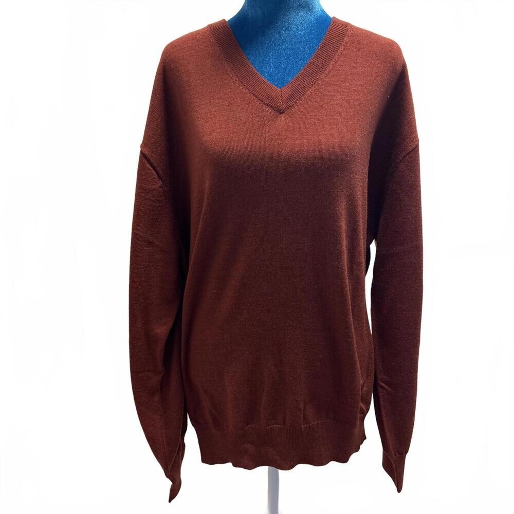 Orvis Mens 100% Merino Wool Sweater V Neck Pullover Minimalist Russet Casual